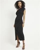 River Island Womens Bodycon Midi Dress Black Drape Off Shoulder Short Sleeve - 10 Regular