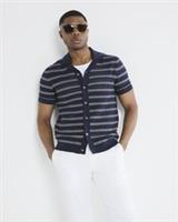 River Island Mens Shirt Navy Striped Textured Collared Short Sleeve Top - S Regular