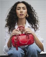 River Island Womens Bowler Bag Red Faux Leather Charm Top Handle Grab Handle Zip