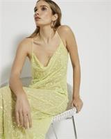 River Island Womens Maxi Dress Lime Sequin Cowl Neck Sheer Beach Sleeveless - M Regular