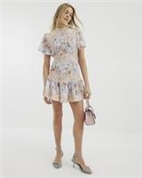 River Island Womens Mini Dress Blue Floral Print Lace Short Sleeve High Neck - 14 Regular