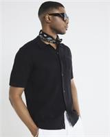 River Island Mens Shirt Black Regular Fit Short Sleeve Crochet Collared Top - M Regular