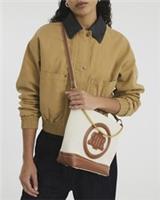 River Island Womens Bucket Bag Cream Canvas Grab Handle RR Pendant Stud Pressed
