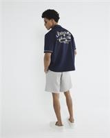 River Island Mens Shirt Navy Short Sleeve Embroidered Notch Lapels Collared Top - L Regular