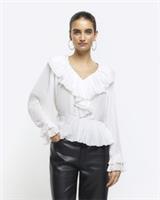 River Island Womens Blouse White Plisse Frill Long Sleeve V-Neck Fluted Cuff Top - 8 Regular