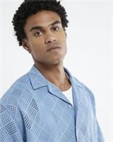 River Island Mens Shirt Blue Short Sleeve Diamond Crochet Collared Top - L Regular