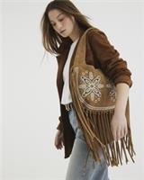 River Island Womens Shoulder Bag Brown Suede Fringed Broderie Studded Popper