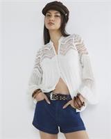 River Island Womens Blouse White Long Sleeve Pleated Lace V-Neck Embroidery Top - 16 Regular