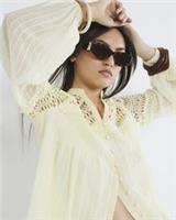 River Island Womens Blouse Yellow Long Sleeve Frill Yoke Buttons Cutwork Detail - 10 Regular
