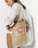 River Island Womens Beach Bag Beige Printed Raffia Scarf Embroidered Text