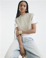 River Island Womens T-Shirt Gold Crochet Overlay Short Sleeve Crew Neck Tee Top - 12 Regular