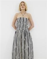 River Island Womens Bandeau Midi Dress Beige Stripe Pleated Bodice Casual - 8 Regular