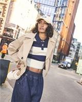 River Island Womens Polo Shirt Navy Cropped Stripe Oversized Mid Sleeve Top - L Regular