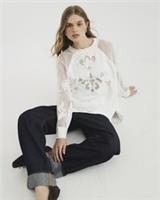 River Island Womens Sweatshirt Cream Long Sleeve Floral Cutwork Round Neck Top - S Regular