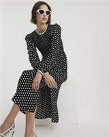 River Island Womens Midi Dress Black Long Sleeve Shirred Spot Round Neck - 14 Regular