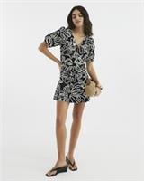 River Island Womens Mini Dress Black Short Puff Sleeve Floral V-Neck Casual - 16 Regular