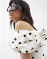 River Island Womens Bardot Top Cream Spot Print Ruffle Detail Sleeveless - XS Regular