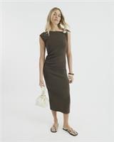 River Island Womens Midi Dress Brown Short Sleeve Drape Trim Asymmetric Neck - L Regular