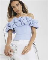 River Island Womens Bardot Top Blue Ruffle Detail Sleeveless Scuba Fabric - M Regular