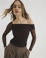 River Island Womens Mesh Detail Top Brown Asymmetric Neck Ruched Long Sleeve - 12 Regular