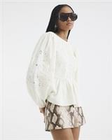 River Island Womens Top Cream Long Sleeve Shirred Bodice Crew Neck Peplum Hem - 8 Regular