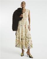 River Island Womens Midi Dress Cream Chiffon Floral Shirred Sleeveless V-Neck - 8 Regular