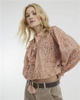 River Island Womens Ruffle Top Pink Long Sleeve Lace Crew Neck Buttons Loose Fit - 12 Regular