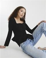 River Island Womens Top Black Long Sleeve Peplum Hem Sweetheart Buttons Blouse - S Regular