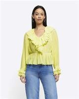 River Island Womens Blouse Yellow Plisse Frill Long Sleeve V-Neck Peplum Hem Top - 10 Regular