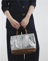 River Island Womens Shopper Bag Silver Metallic Leather Grab Handles Popper