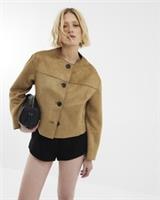 River Island Womens Jacket Beige Faux Suede Collarless Long Sleeve Outerwear Top - 12 Regular