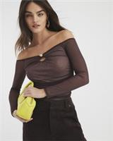 River Island Womens Bardot Top Brown Long Sleeve Mesh Ruched Keyhole Detail - S Regular