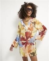 River Island Womens Beach Dress Yellow Printed Long Sleeve V-Neck Tie Fastening - S Regular