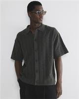 River Island Mens Shirt Khaki Boxy Fit Ribbed Boucle Short Sleeve Button Top - L Regular