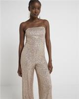 River Island Womens Jumpsuit Rose Gold Sequin Bandeau Neck Sleeveless Outfit - 6 Regular