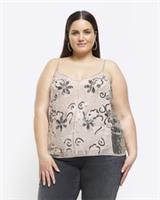 River Island Womens Cami Top Plus Pink Embellished Floral Sleeveless V-Neck - 22 Plus