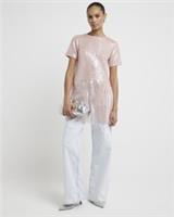 River Island Womens T-Shirt Pink Sequin Fringe Detail Crew Short Sleeve Tee Top - 8 Regular