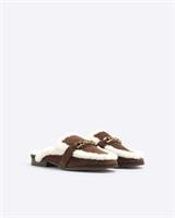 River Island Womens Mules Brown Faux Fur Slip On Backless Flat Summer Shoes