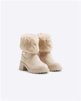 River Island Girls Heeled Boots Beige Faux Fur Cuff Block Casual Size Zip Shoes