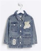 River Island Mini Boys Denim Jacket Blue Badged Collar Long Sleeve Outerwear Top - 9-12 Months Regular