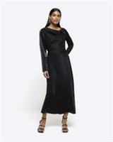 River Island Womens Midi Column Dress Black Long Sleeve Cowl Neck Waist Tie - 8 Regular