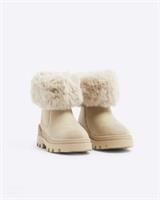 River Island Girls Boots Beige Faux Fur Trim Zip Chunky Sole Gold RI Shoes