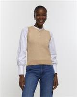 River Island Womens Hybrid Top Brown Long Puff Sleeve High Neck Button Cuffed - 6 Regular