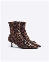 River Island Womens Boots Beige Leopard Buckle Sock Kitten Heel Casual Shoes