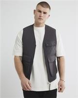 River Island Mens Quilted Gillet Grey Multi Pocket Sleeveless Zip Outerwear Top - S Regular
