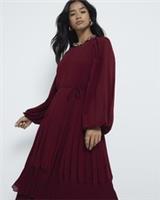 River Island Womens Midi Swing Dress Petite Red Pleated Long Sleeve Scoop Neck - 12 Petites