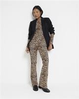 River Island Womens Flare Leggings Petite Brown Leopard Rib High Waist Bottoms - 10 Petites