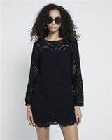 River Island Womens Mini Dress Black Long Sleeve Lace Round Neck Casual - 14 Regular