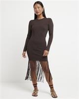 River Island Womens Midi Dress Petite Brown Fringe Crew Neck Long Sleeve - 14 Petites