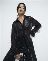 River Island Womens Shirt Petite Black Sequin Fringe Collared Long Sleeve Top - 12 Petites